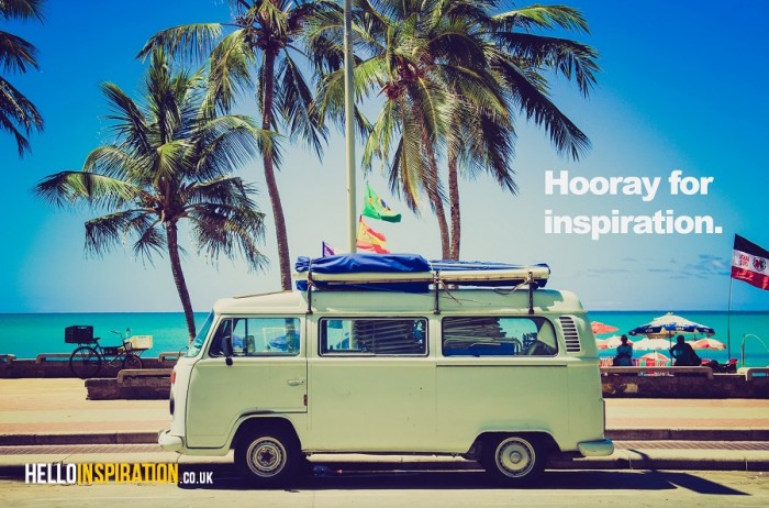 Sunny scene with VW van captioned 'Hooray for Inspiration'