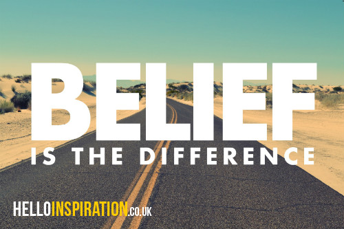 Sun-drenched desert road with 'Belief is the Difference' quote