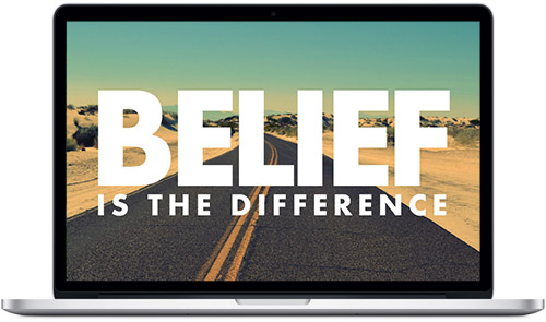 Sun-drenched desert road with 'Belief is the Difference' quote