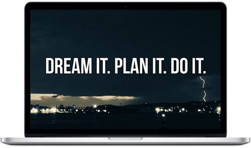Lightening-filled stormy night sky with 'Dream it. Plan It. Do It.' quote