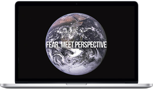 The Earth seen from space with 'Fear, Meet Perspective' quote