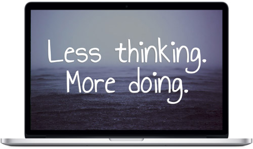 Rain falling on water with 'Less Thinking. More Doing.' quote