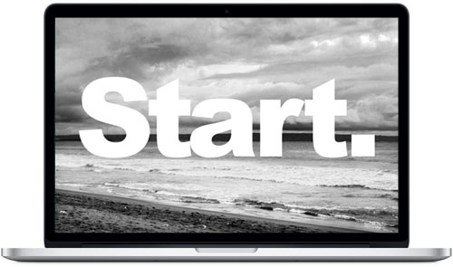 Black and white beach scene with 'Start' quote
